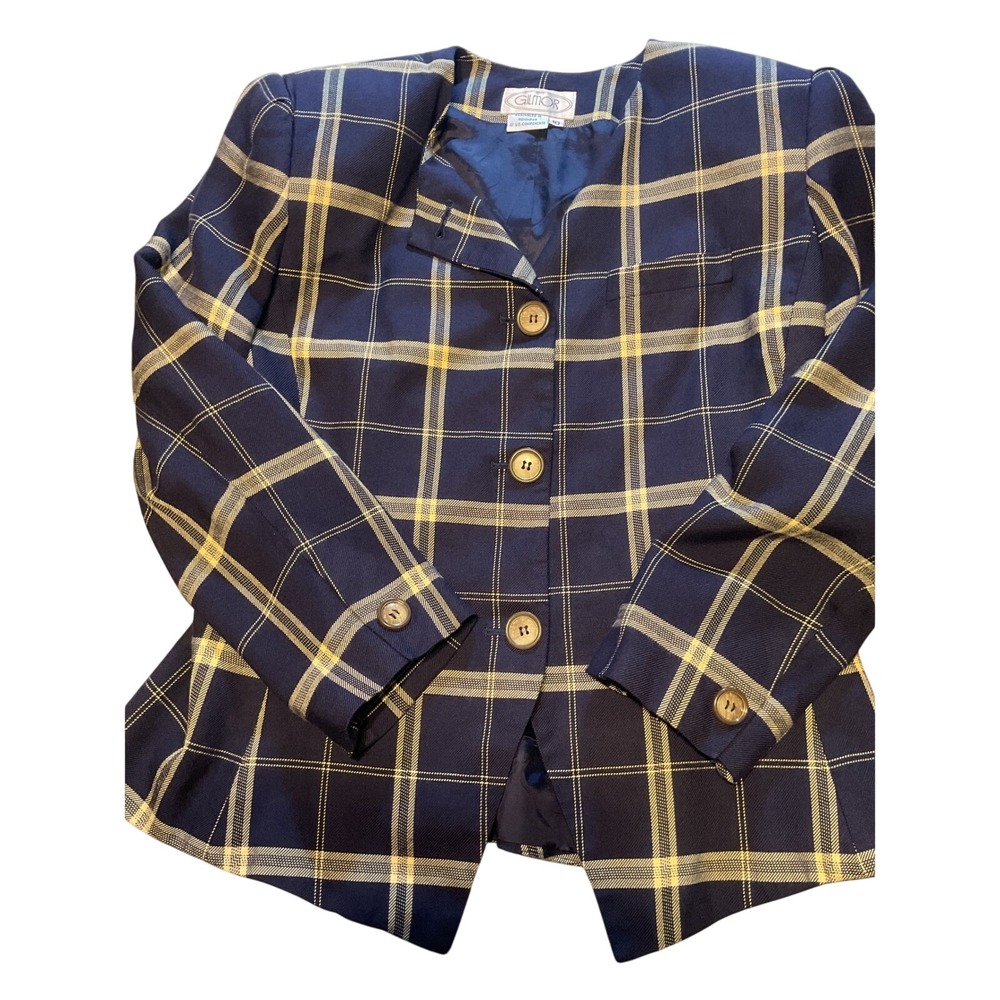 GILMOR Navy Yellow Plaid Blazer Jacket Women's Size 10 Business Casual